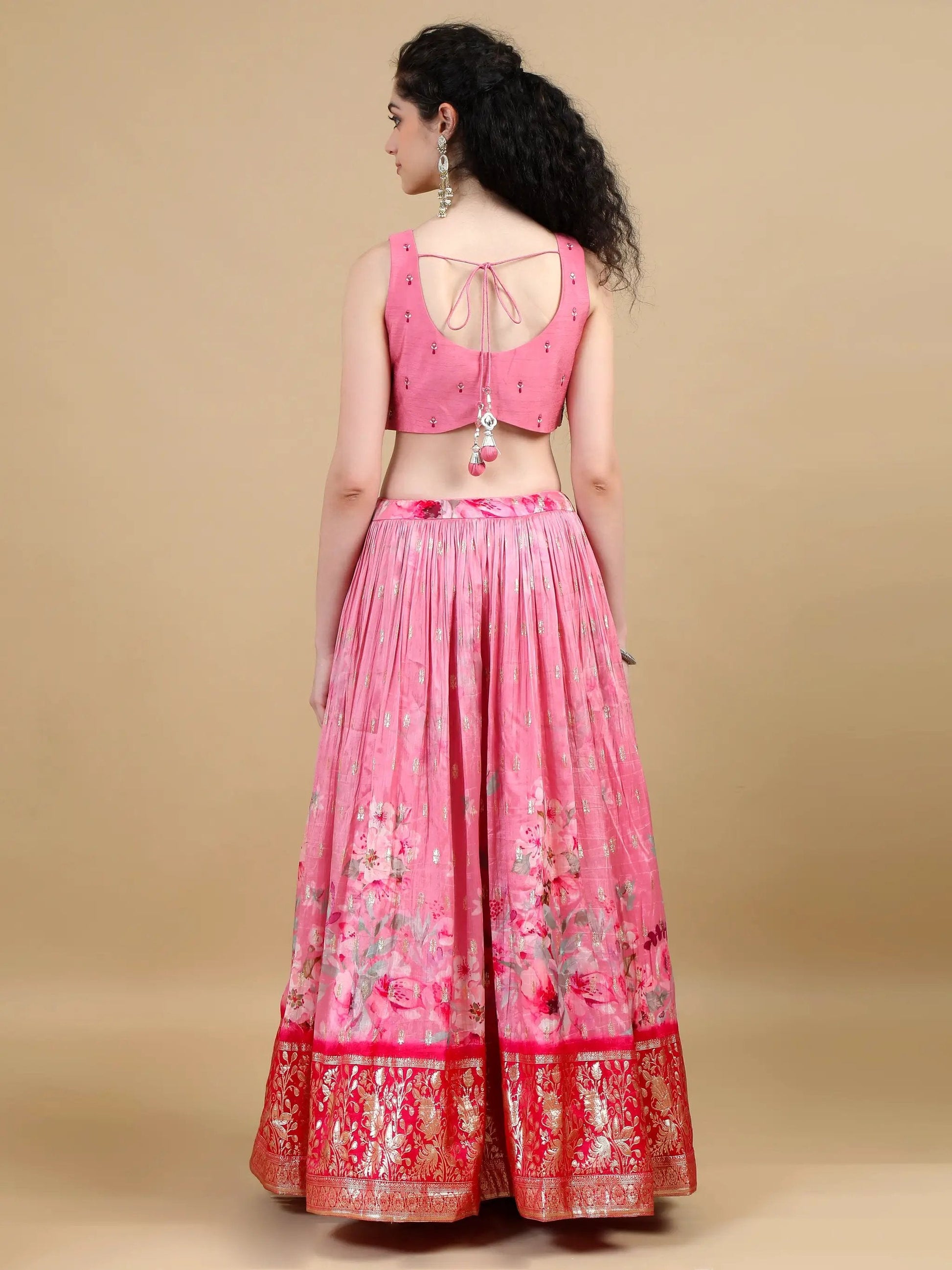 Elegant Pink Floral Lehenga Set with Zari Border