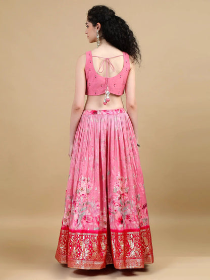 Elegant Pink Floral Lehenga Set with Zari Border