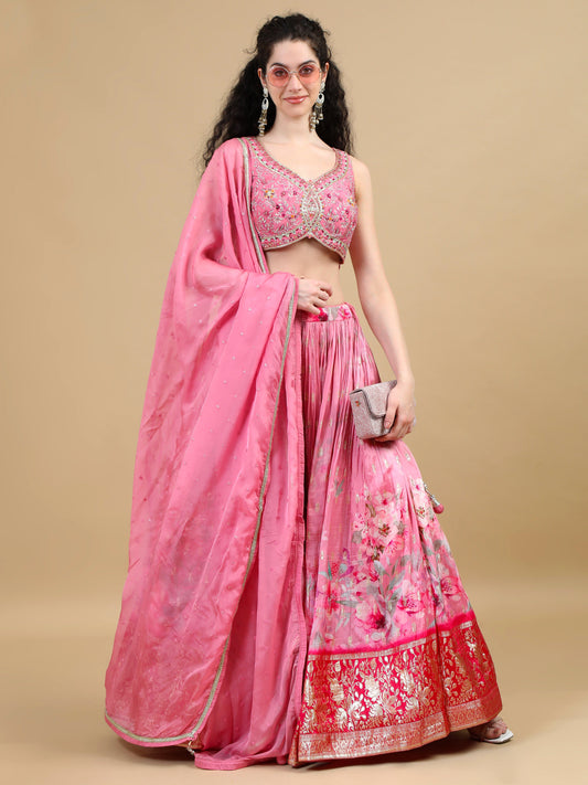 Elegant Pink Floral Lehenga Set with Zari Border