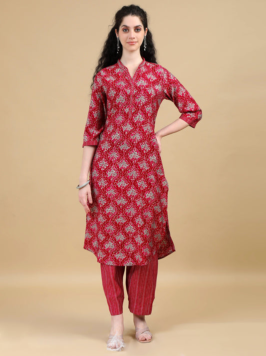 Deep Red Printed Kurti Set with Striped Pants