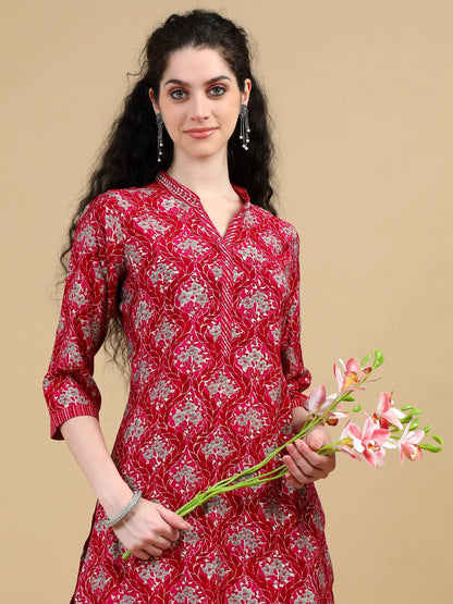 Deep Red Printed Kurti Set with Striped Pants