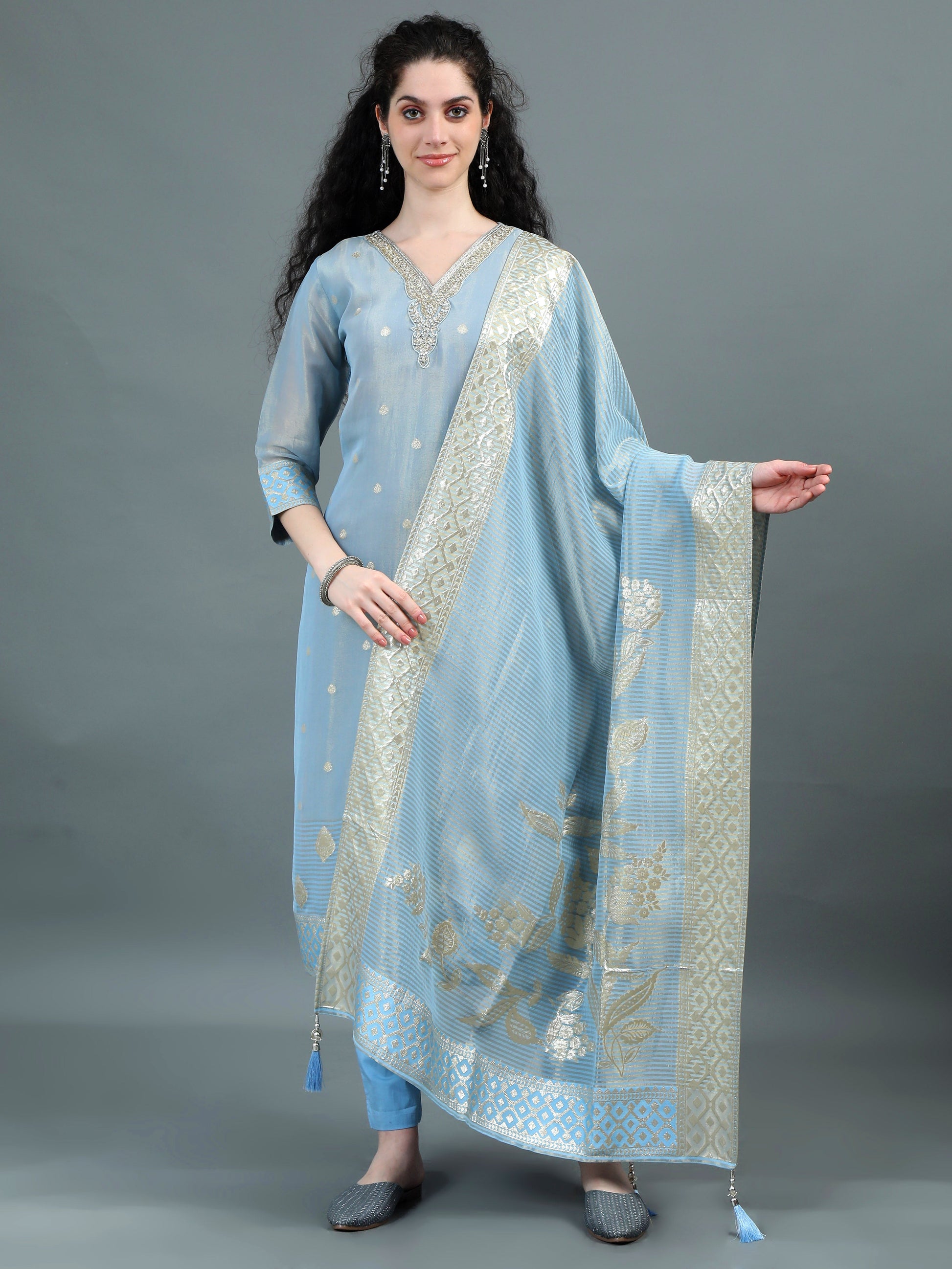 Serene Sky Blue Kurta Suit with Zari Embroidery