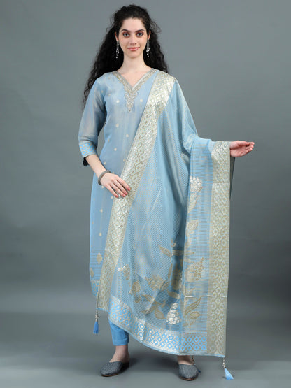 Serene Sky Blue Kurta Suit with Zari Embroidery