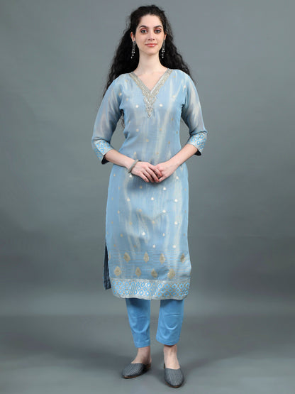 Serene Sky Blue Kurta Suit with Zari Embroidery