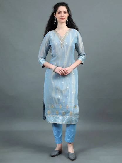 Serene Sky Blue Kurta Suit with Zari Embroidery