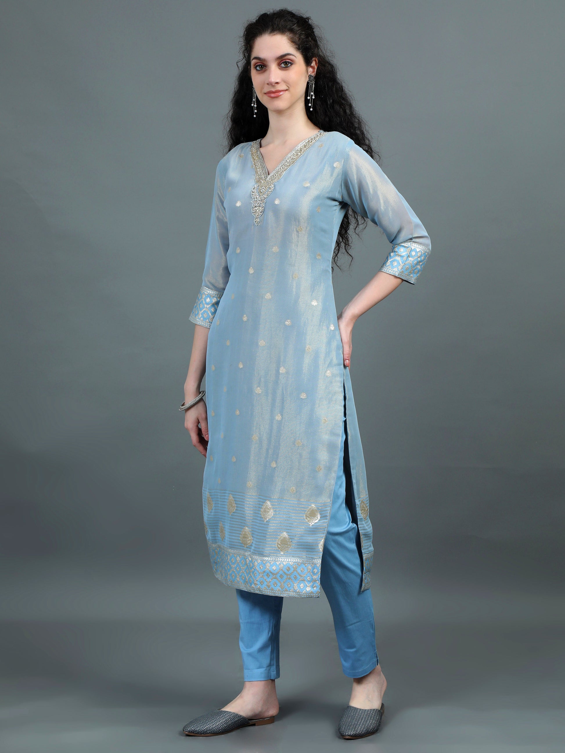 Serene Sky Blue Kurta Suit with Zari Embroidery