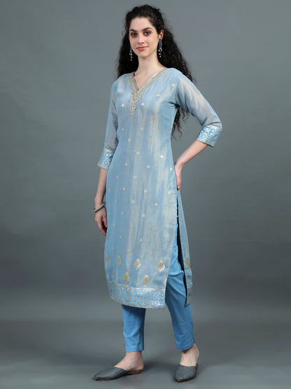 Serene Sky Blue Kurta Suit with Zari Embroidery