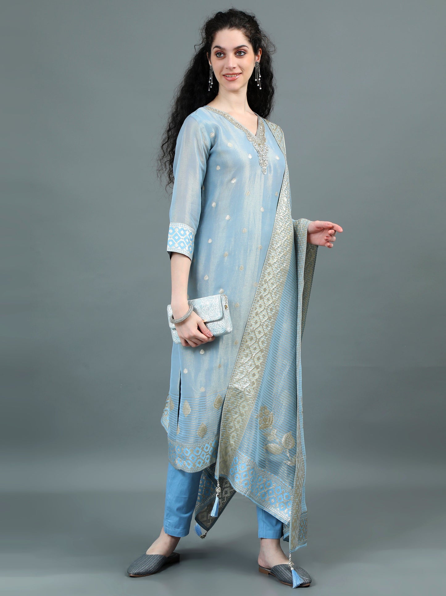 Serene Sky Blue Kurta Suit with Zari Embroidery
