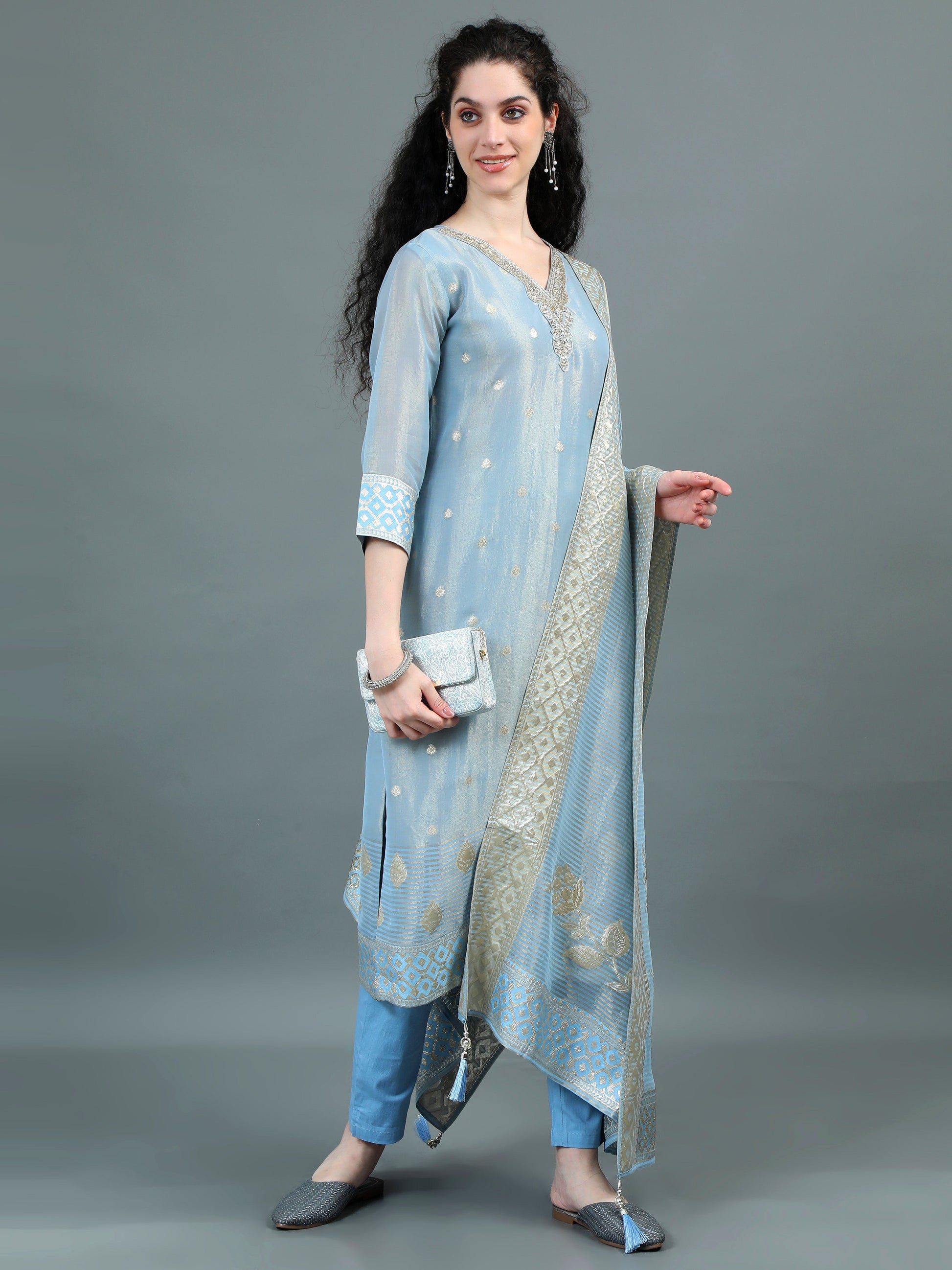 Serene Sky Blue Kurta Suit with Zari Embroidery