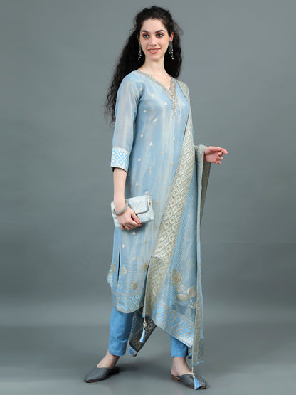Serene Sky Blue Kurta Suit with Zari Embroidery