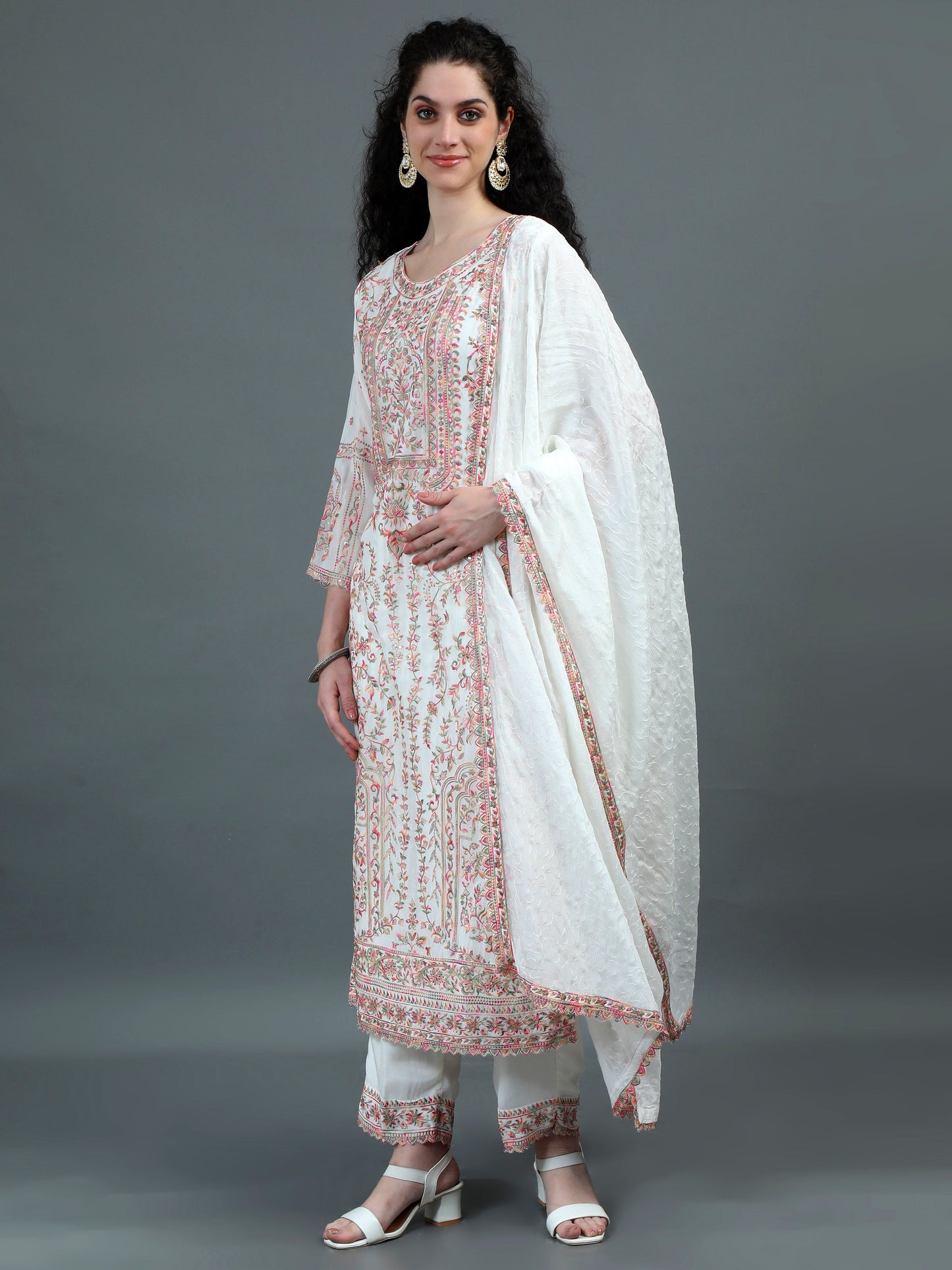 White Floral Embroidered Kurta Suit with Elegant Dupatta