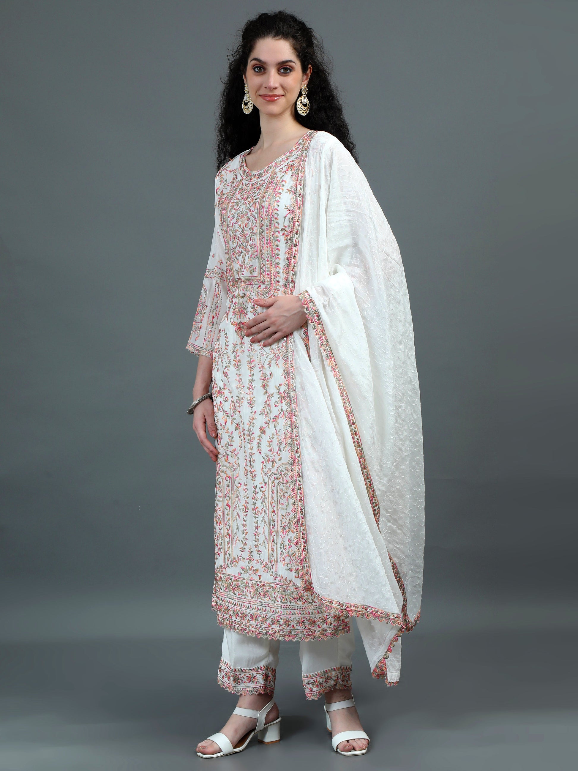 White Floral Embroidered Kurta Suit with Elegant Dupatta