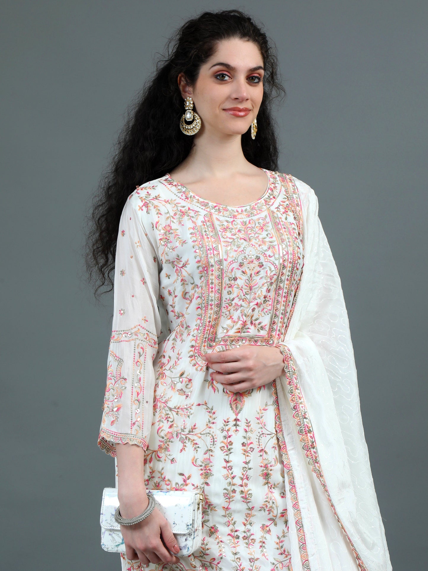 White Floral Embroidered Kurta Suit with Elegant Dupatta