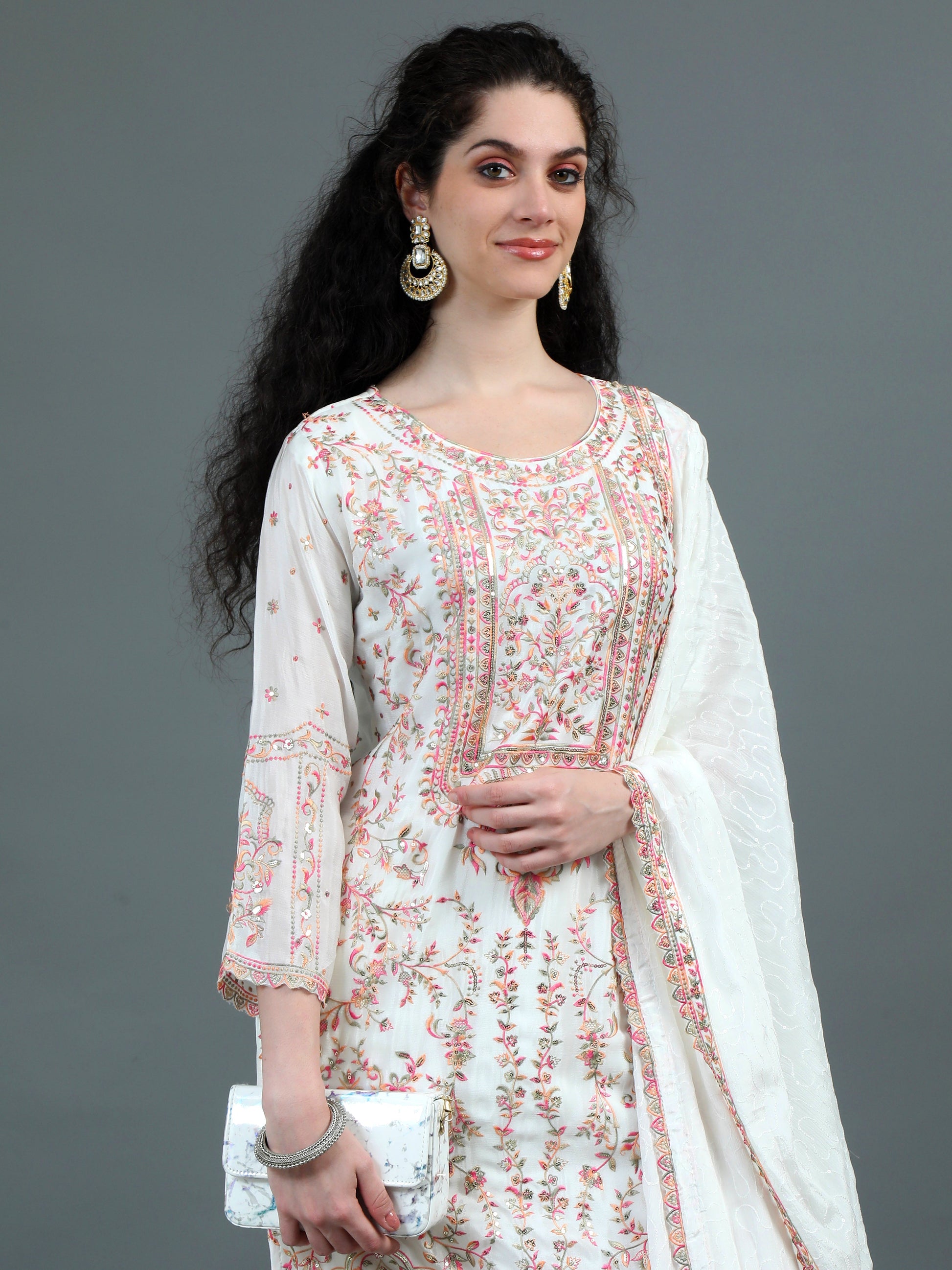 White Floral Embroidered Kurta Suit with Elegant Dupatta