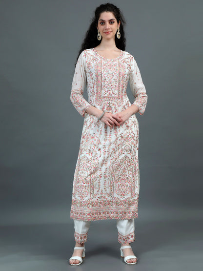 White Floral Embroidered Kurta Suit with Elegant Dupatta