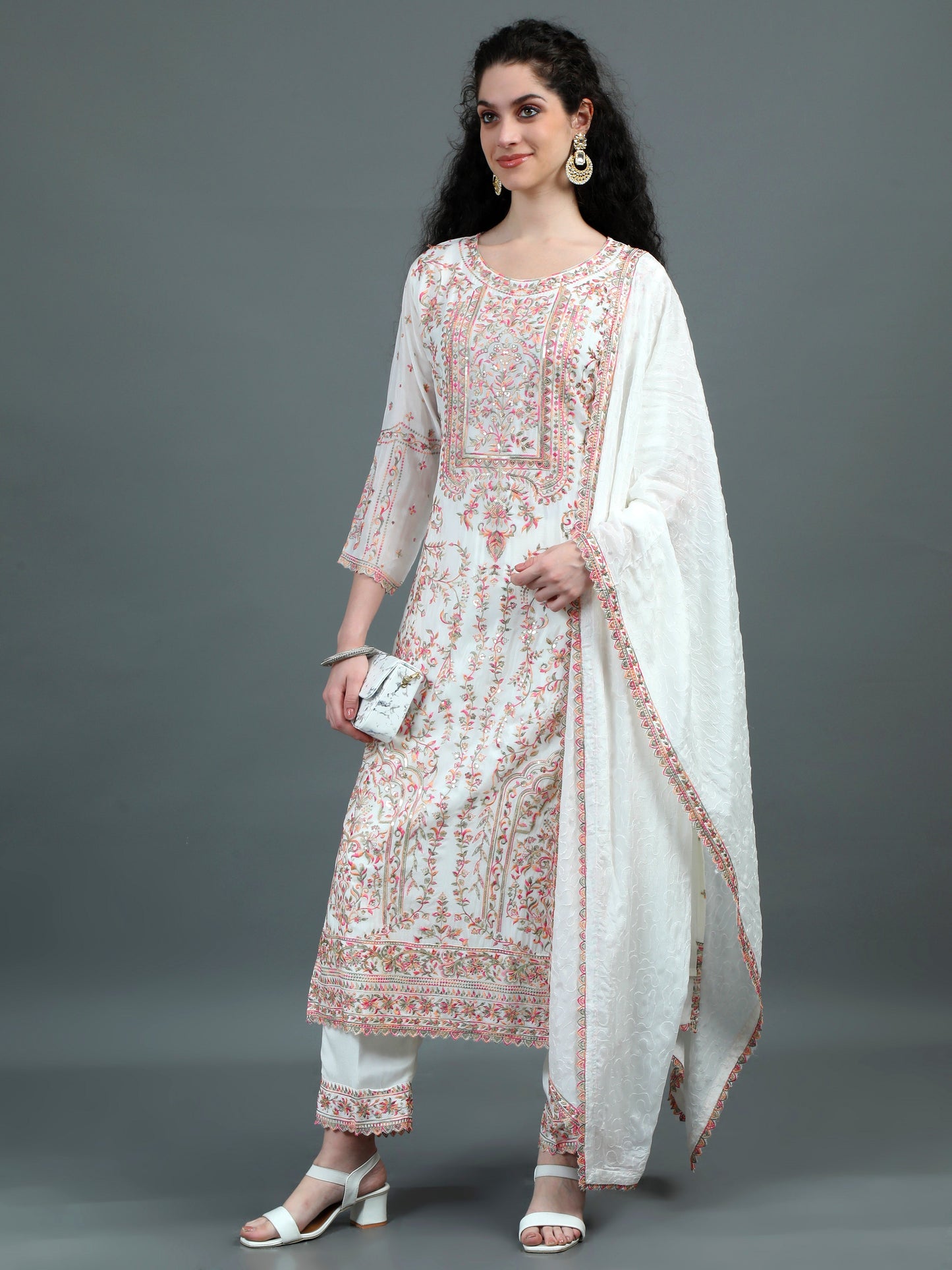White Floral Embroidered Kurta Suit with Elegant Dupatta