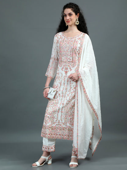 White Floral Embroidered Kurta Suit with Elegant Dupatta