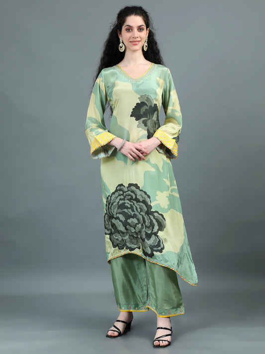 Posh Pastel Green Floral Print Kurti Set with Pockets