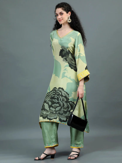 Posh Pastel Green Floral Print Kurti Set with Pockets