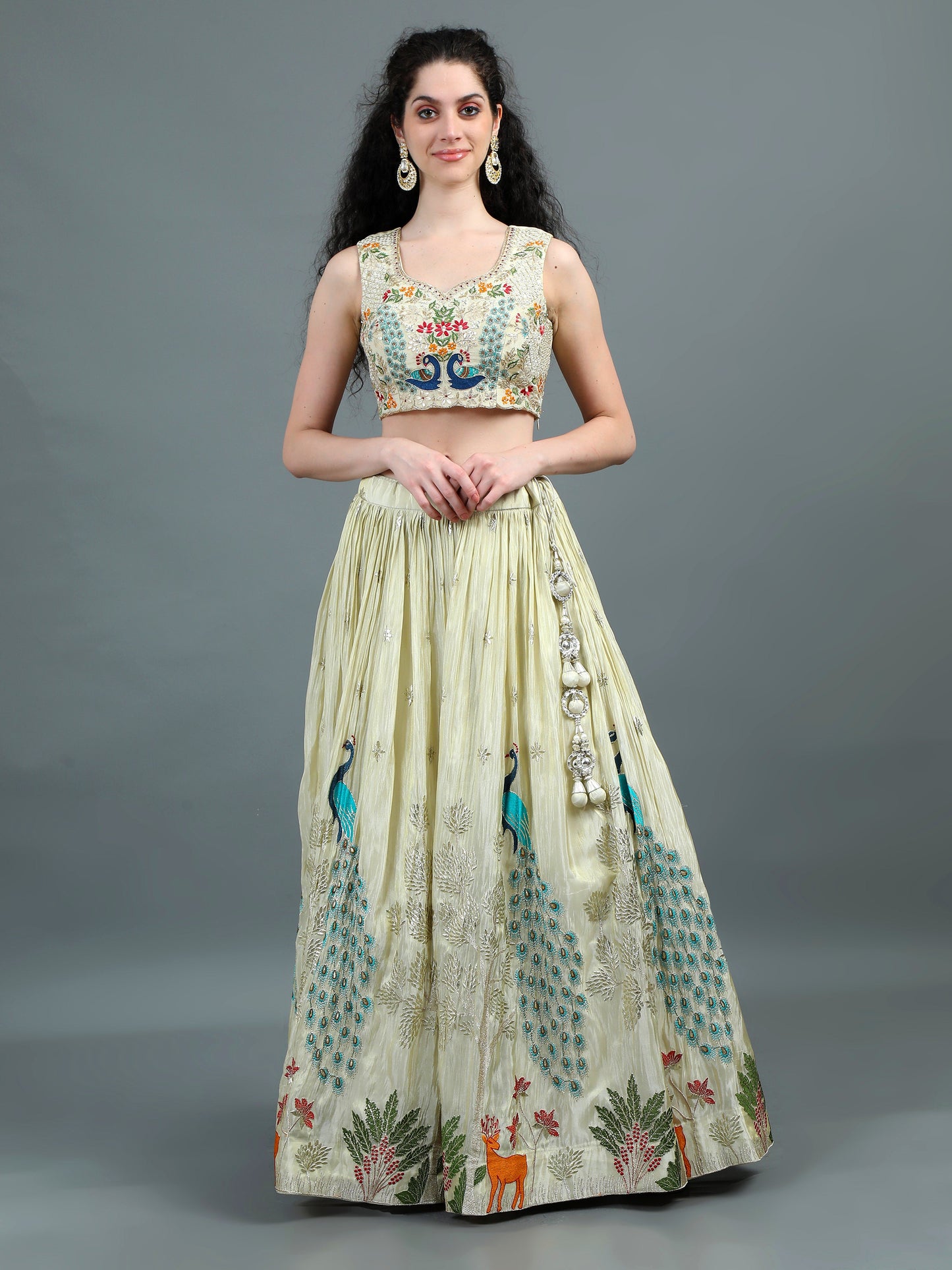 Ivory Embroidered Lehenga Set with Regal Peacock Motifs