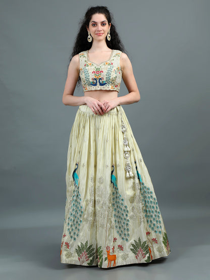 Ivory Embroidered Lehenga Set with Regal Peacock Motifs