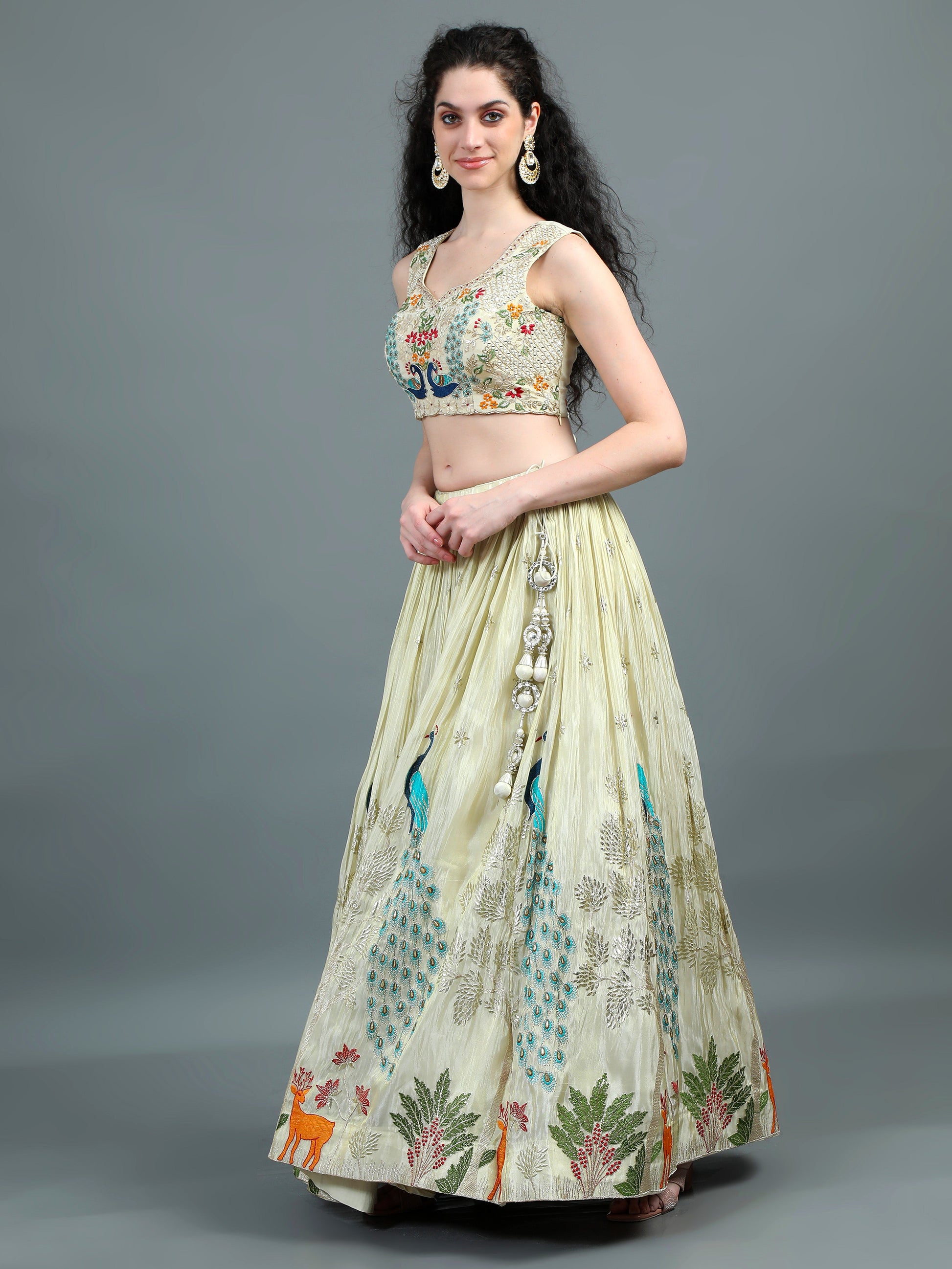 Ivory Embroidered Lehenga Set with Regal Peacock Motifs