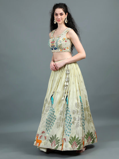 Ivory Embroidered Lehenga Set with Regal Peacock Motifs