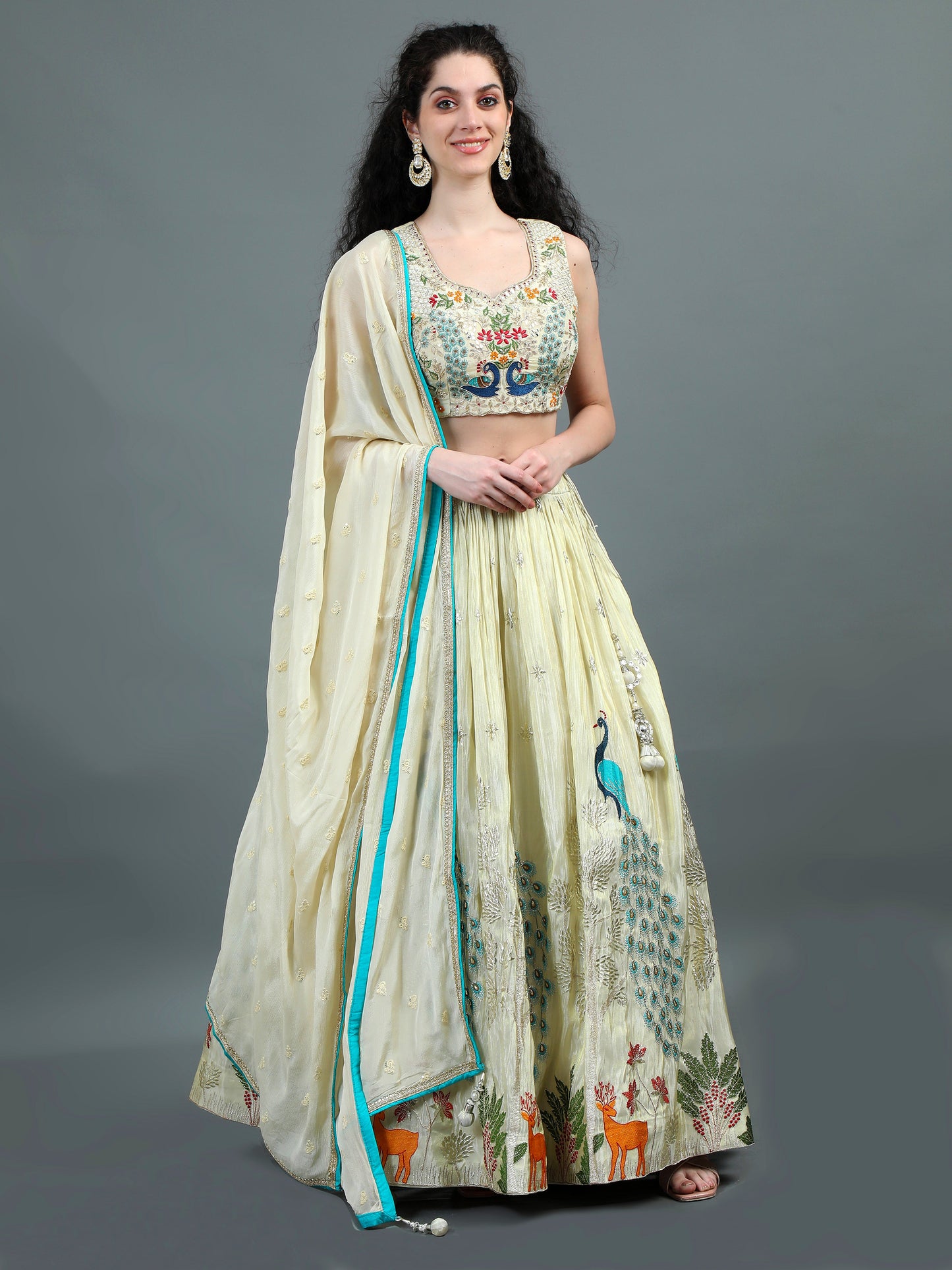 Ivory Embroidered Lehenga Set with Regal Peacock Motifs