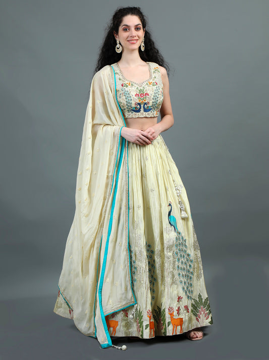 Ivory Embroidered Lehenga Set with Regal Peacock Motifs