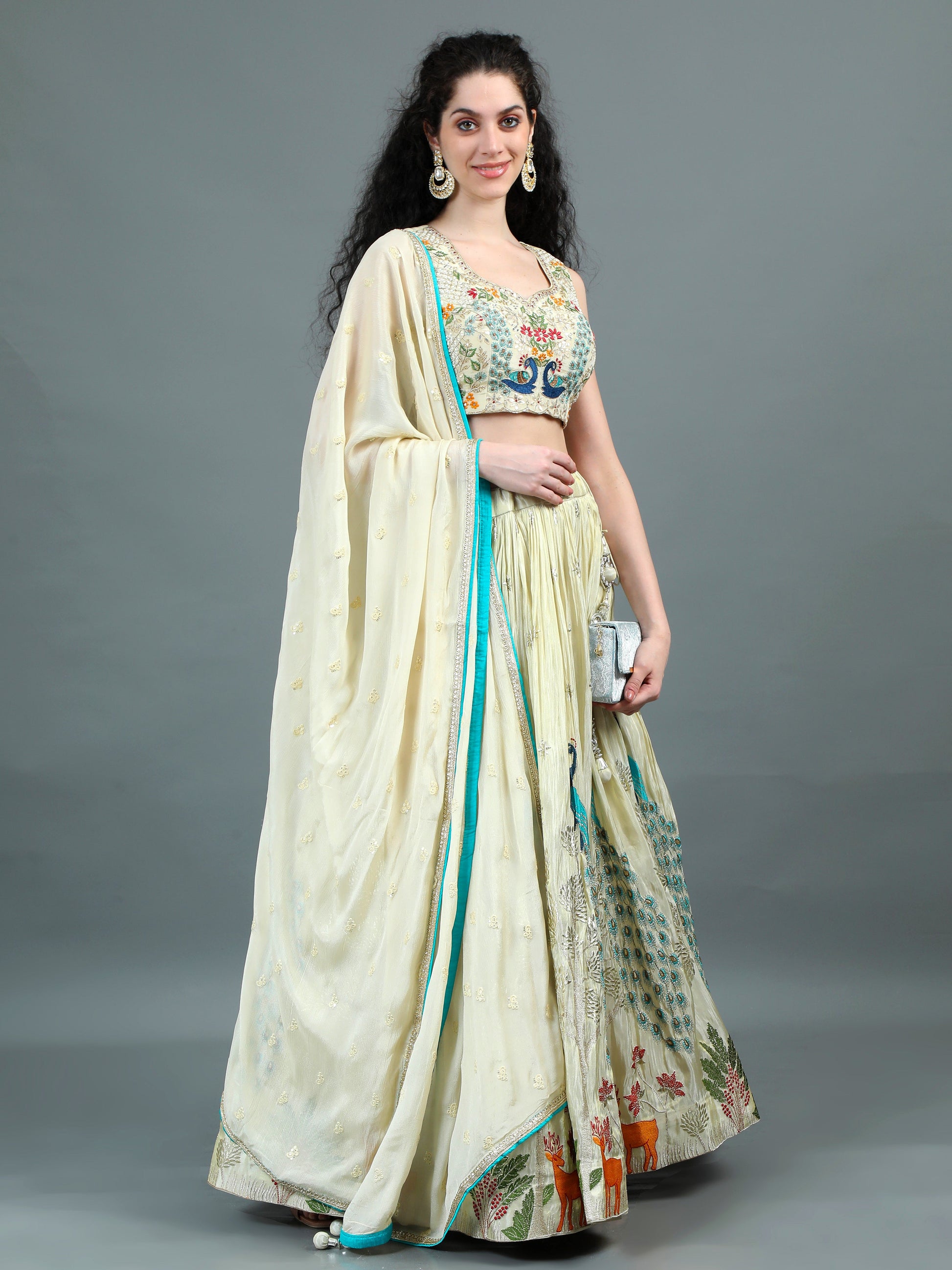 Ivory Embroidered Lehenga Set with Regal Peacock Motifs