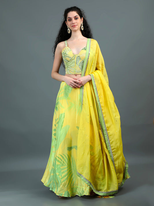 Tropical Yellow Corset Lehenga Set – A Blend of Elegance & Modern Glam