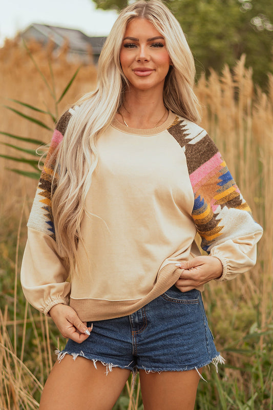 Logan Aztec Patchwork Raglan Pullover Sweatshirt Light French Beige