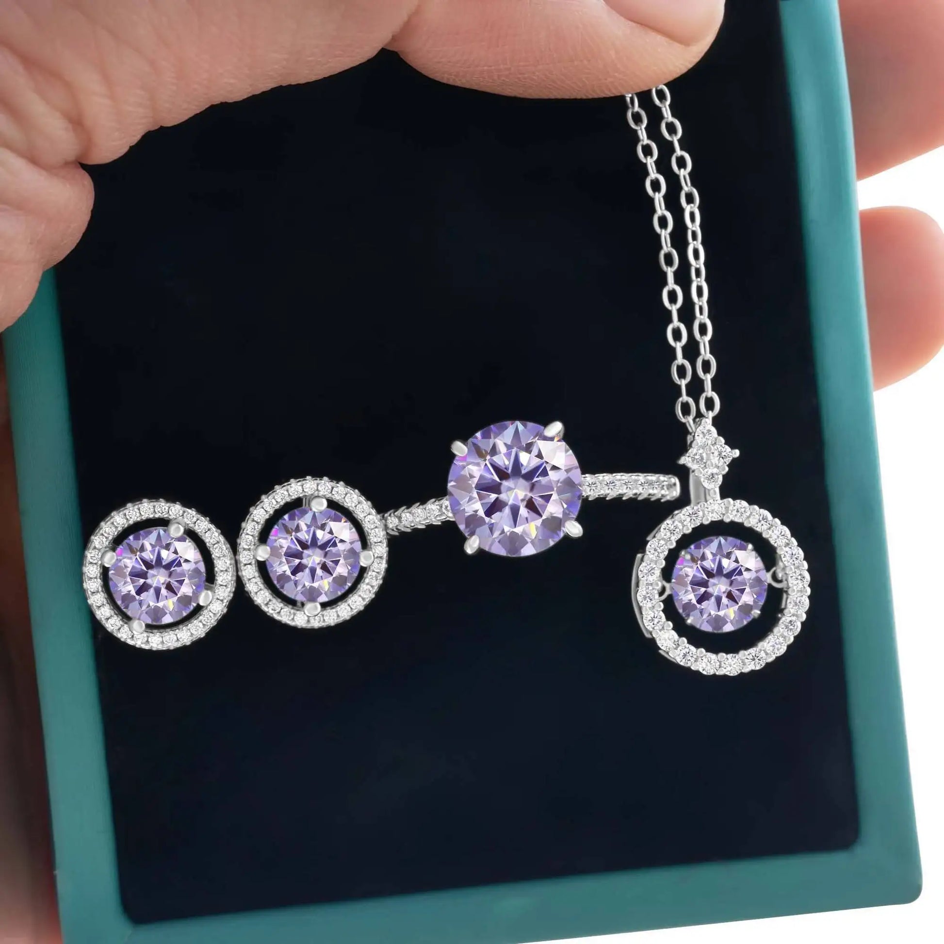 4Ct D Color Moissanite 925 Sterling Jewelry Set Ring Necklace Earrings purple