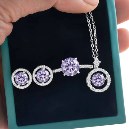 4Ct D Color Moissanite 925 Sterling Jewelry Set Ring Necklace Earrings purple