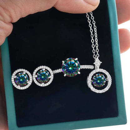 4Ct D Color Moissanite 925 Sterling Jewelry Set Ring Necklace Earrings rainbow