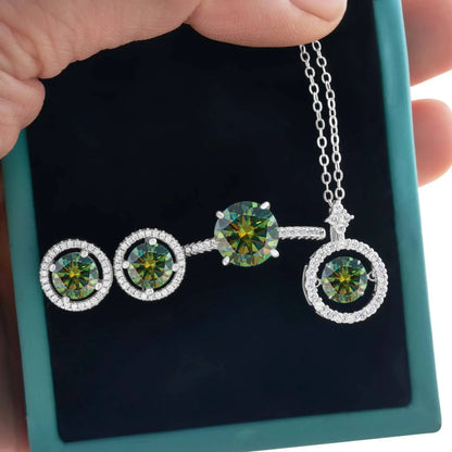 4Ct D Color Moissanite 925 Sterling Jewelry Set Ring Necklace Earrings dark green