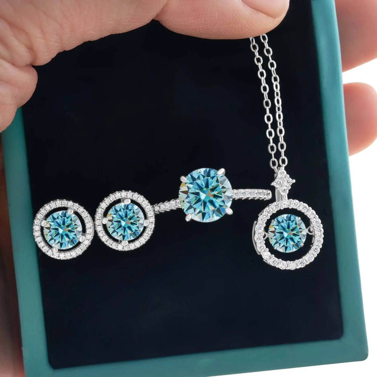 4Ct D Color Moissanite 925 Sterling Jewelry Set Ring Necklace Earrings blue