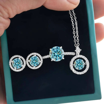4Ct D Color Moissanite 925 Sterling Jewelry Set Ring Necklace Earrings blue