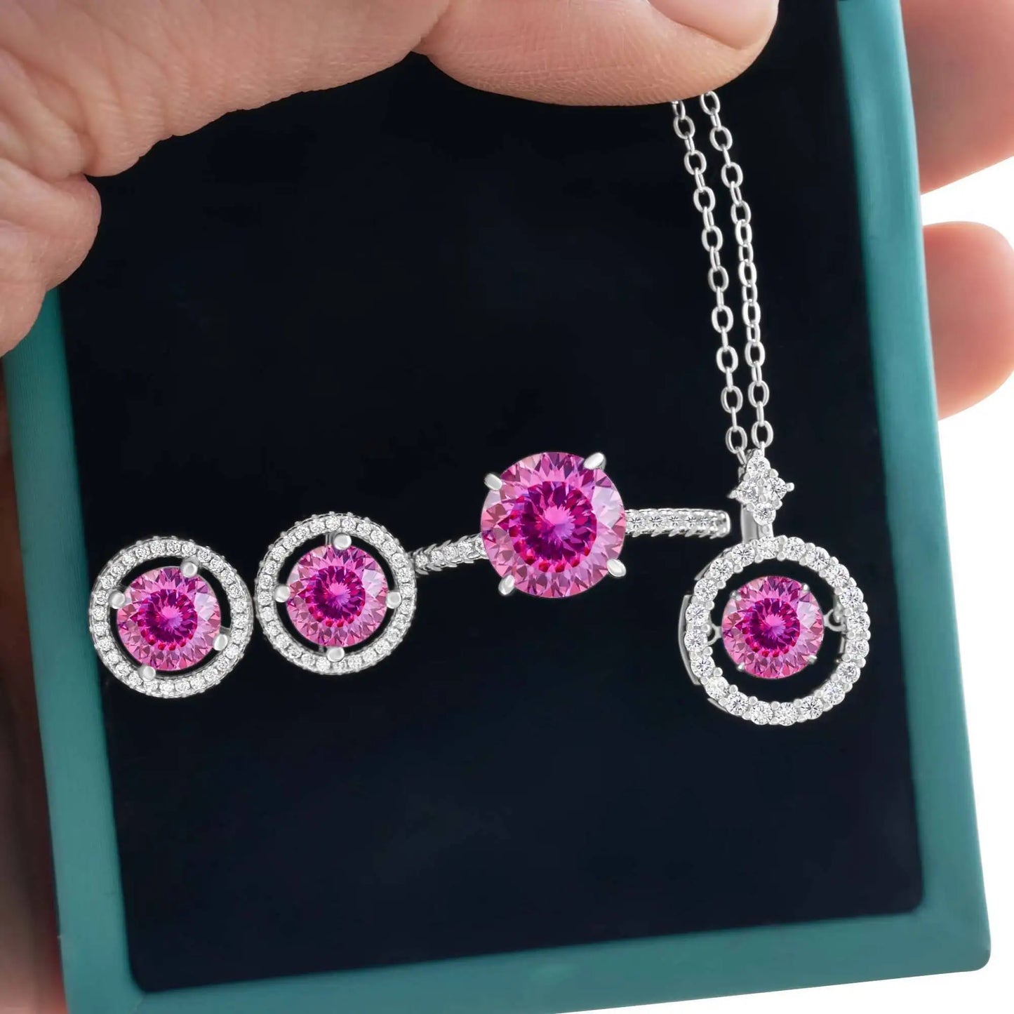 4Ct D Color Moissanite 925 Sterling Jewelry Set Ring Necklace Earrings 100 cut pink