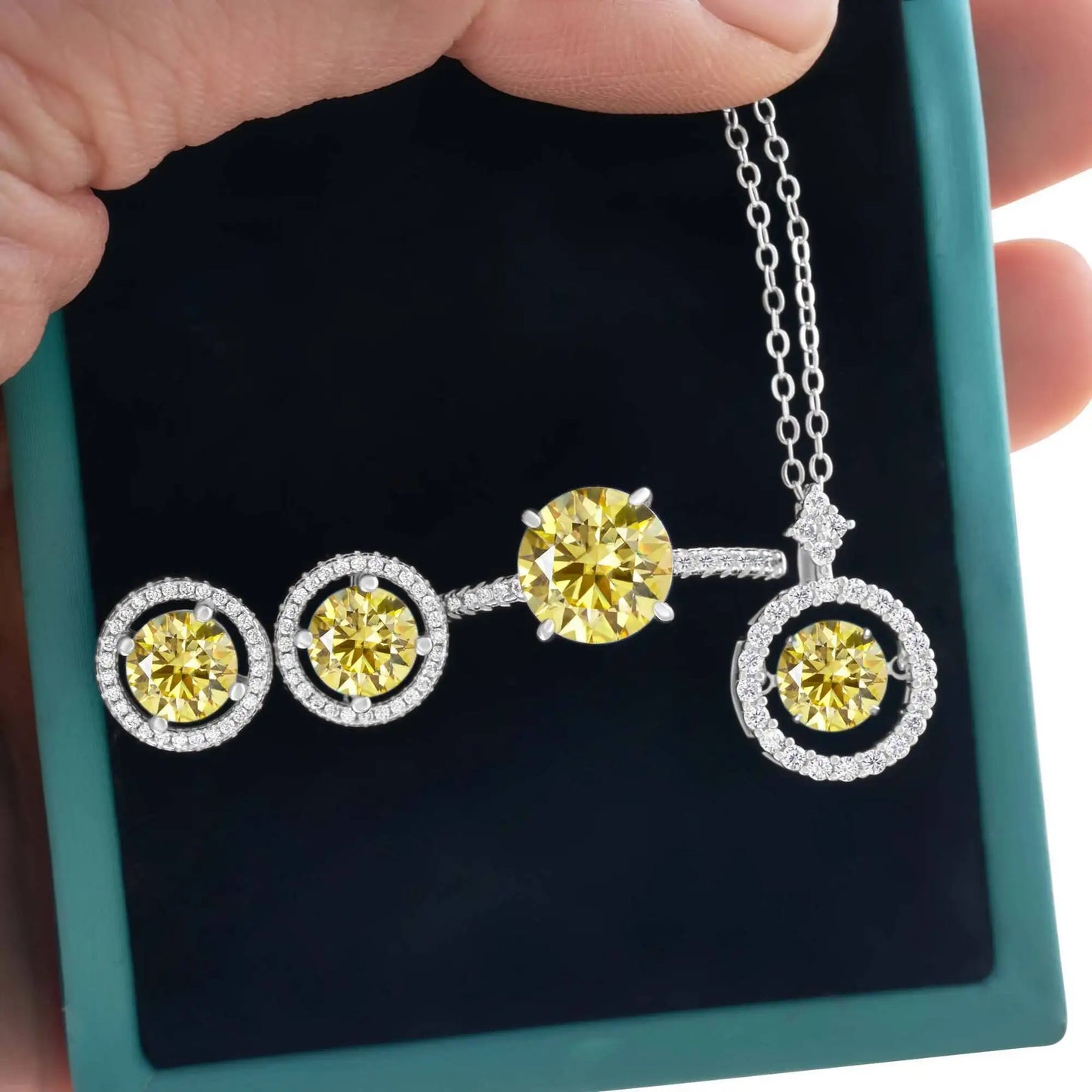 4Ct D Color Moissanite 925 Sterling Jewelry Set Ring Necklace Earrings lemon yellow
