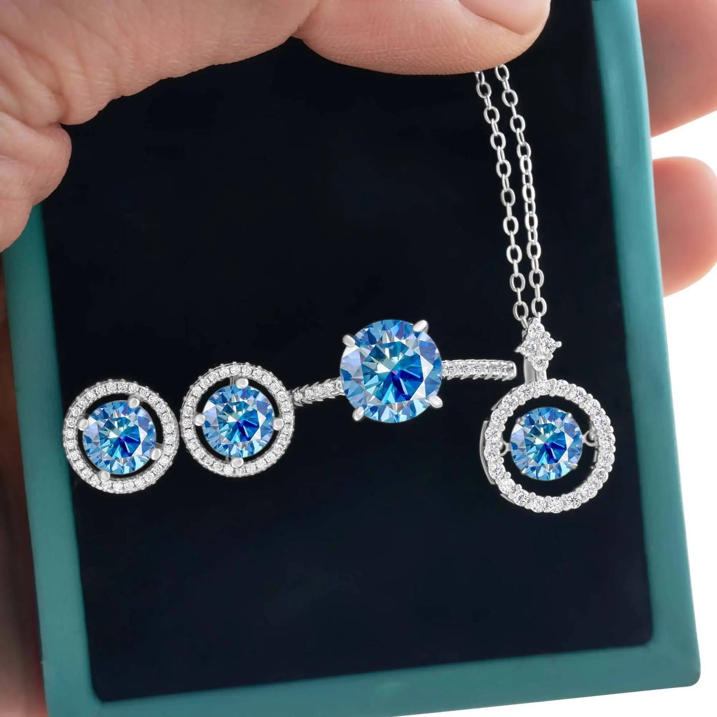 4Ct D Color Moissanite 925 Sterling Jewelry Set Ring Necklace Earrings royal blue
