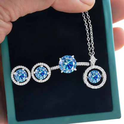 4Ct D Color Moissanite 925 Sterling Jewelry Set Ring Necklace Earrings royal blue