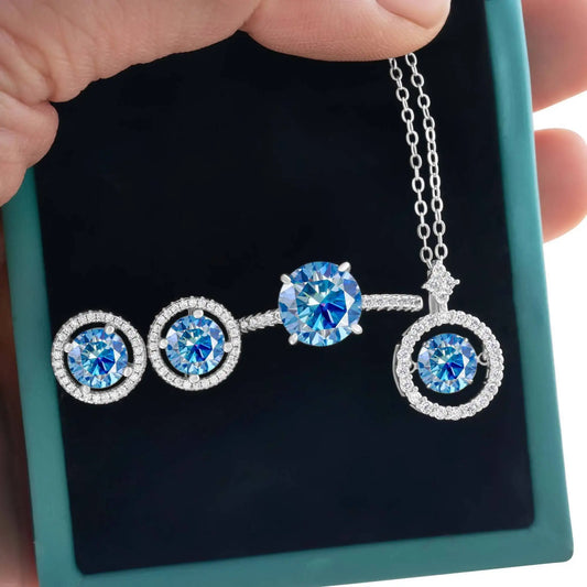 4Ct D Color Moissanite 925 Sterling Jewelry Set Ring Necklace Earrings royal blue