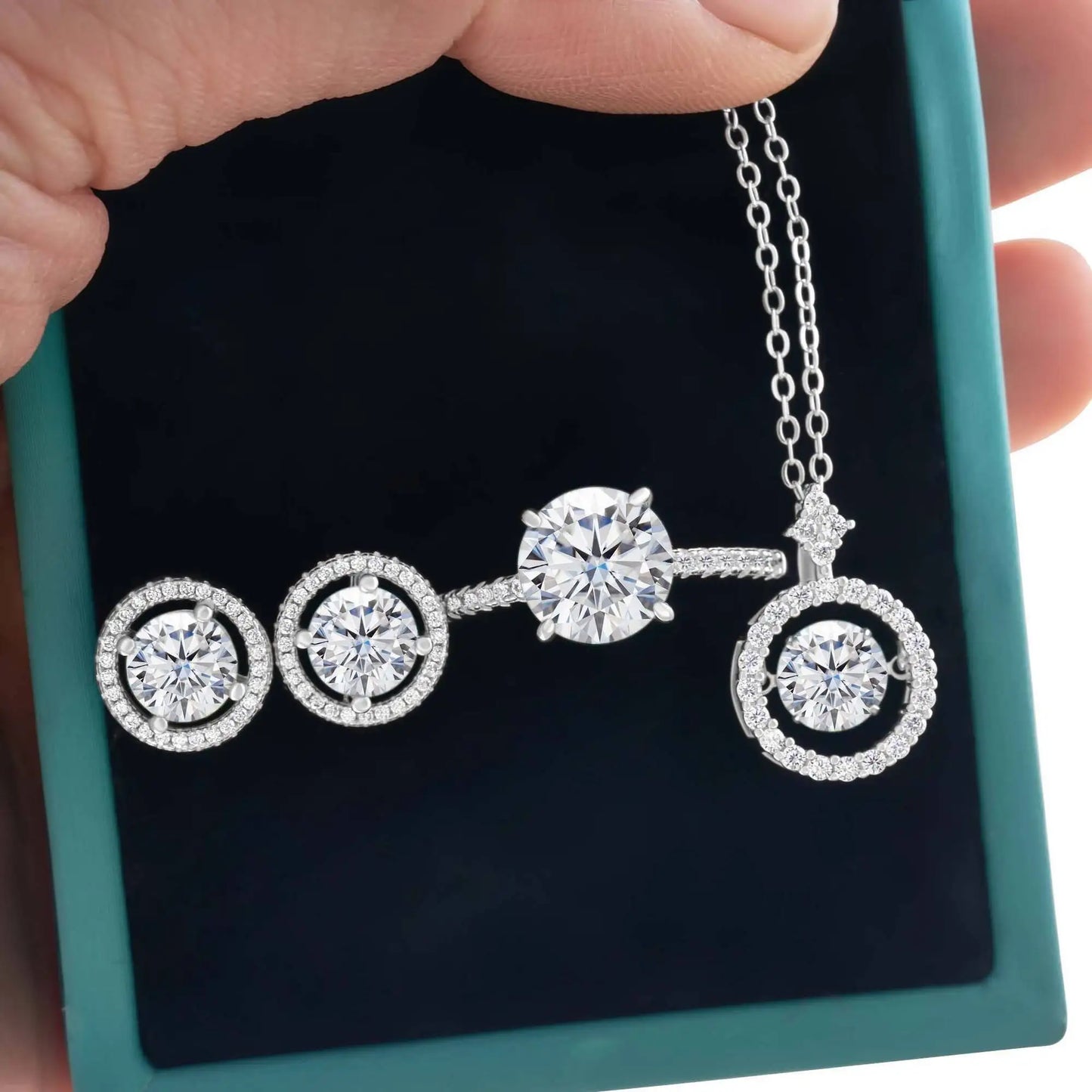 4Ct D Color Moissanite 925 Sterling Jewelry Set Ring Necklace Earrings white
