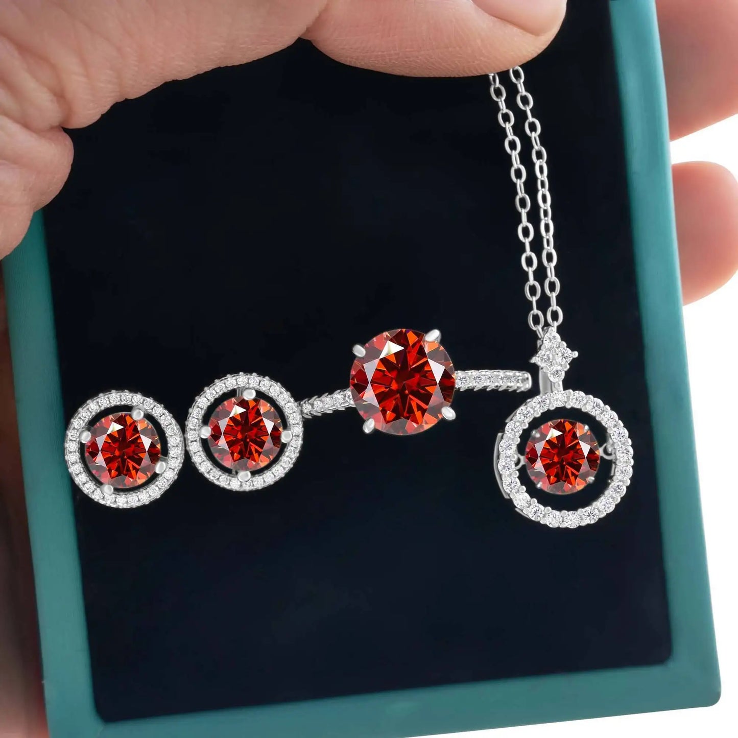 4Ct D Color Moissanite 925 Sterling Jewelry Set Ring Necklace Earrings red