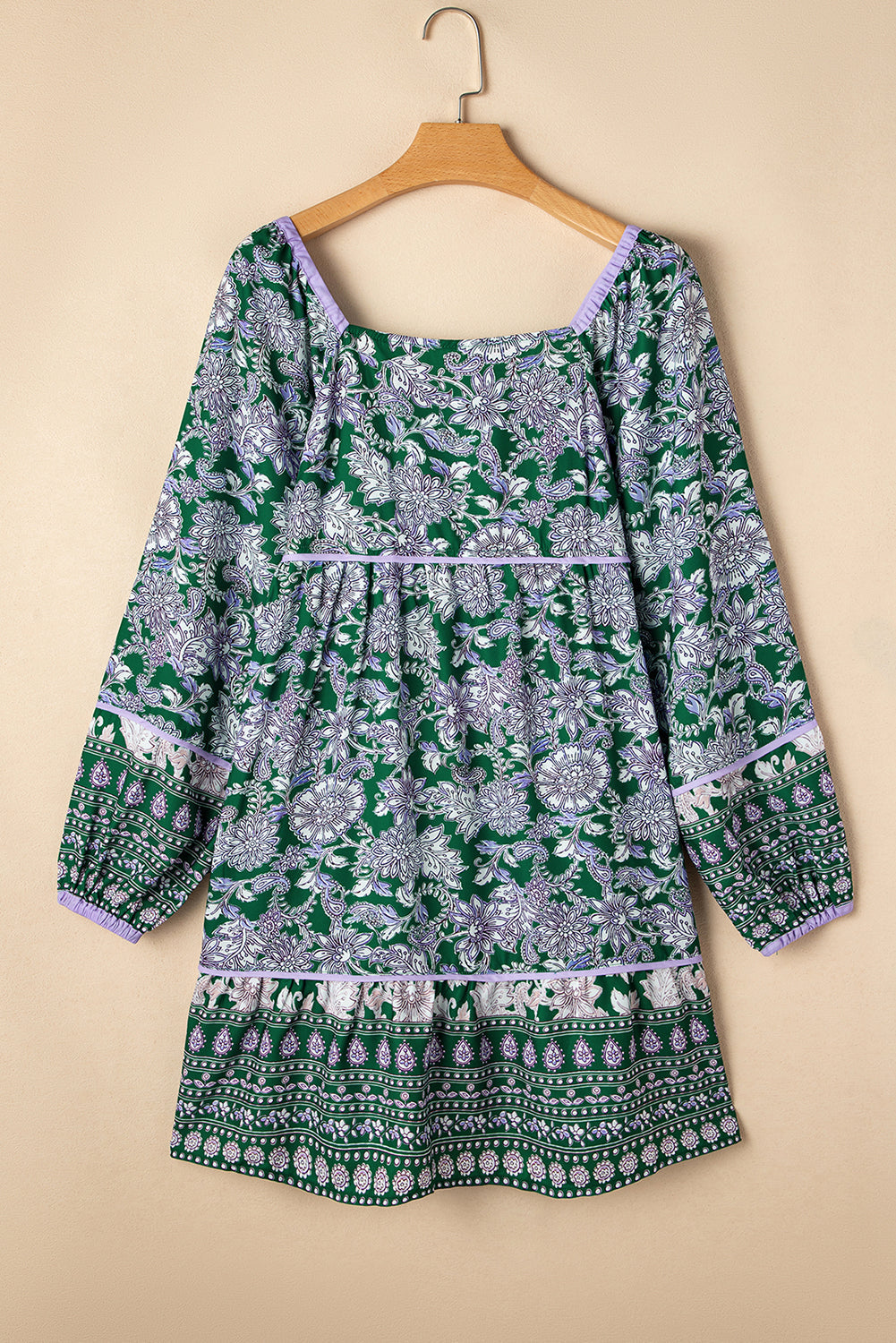 Boho Floral Piping Trim Bubble Sleeve Dress