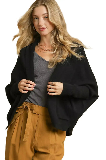 Umgee Open Front Cardigan with Front Pockets Black