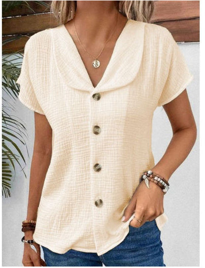 🌞 Women's Summer Solid Color Short-Sleeved Button Cardigan Top Apricot