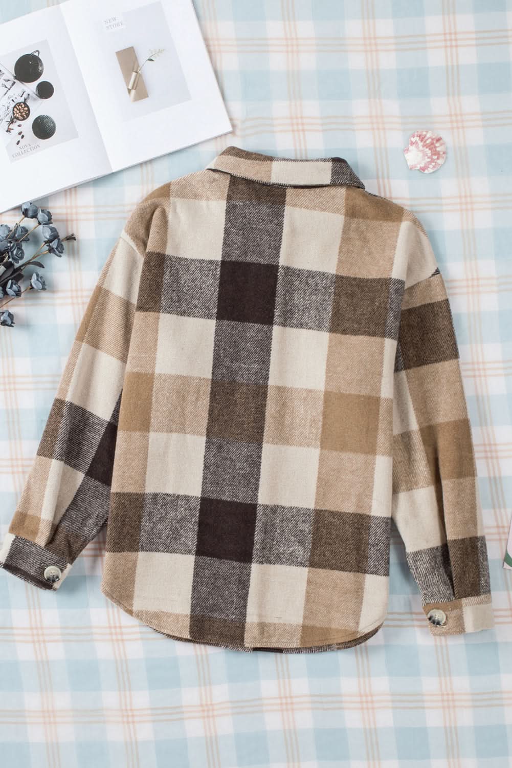 Khaki Plaid Color Block Shacket With Buttoned Pockets