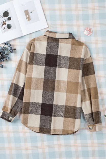 Khaki Plaid Color Block Shacket With Buttoned Pockets